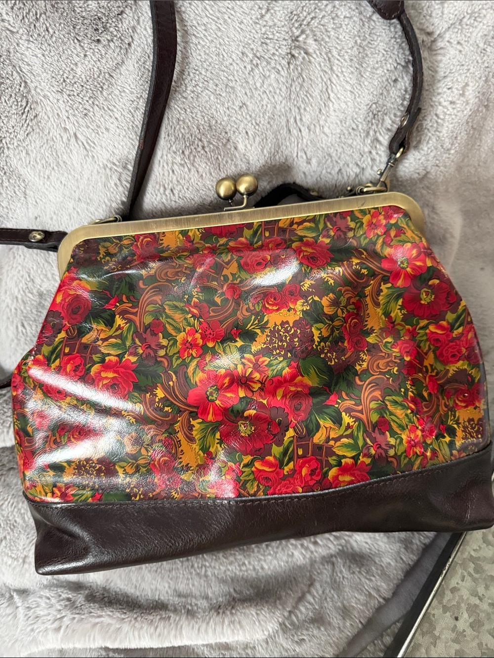 Patricia Nash Red Floral and Brown Leather Frame Crossbody